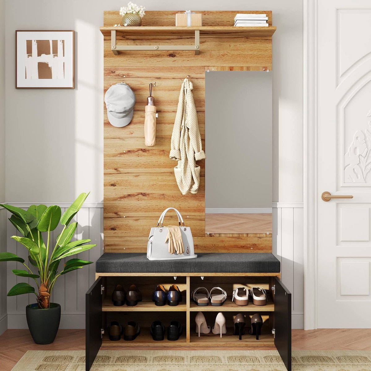 Wishdor Halmeubel - Spiegel en haken - Zithoek en schoenenkast - Scandinavisch basic - Hal entree woonkamer - Houtlook zwart - Opbergkast - 100 x 38 x 190 cm