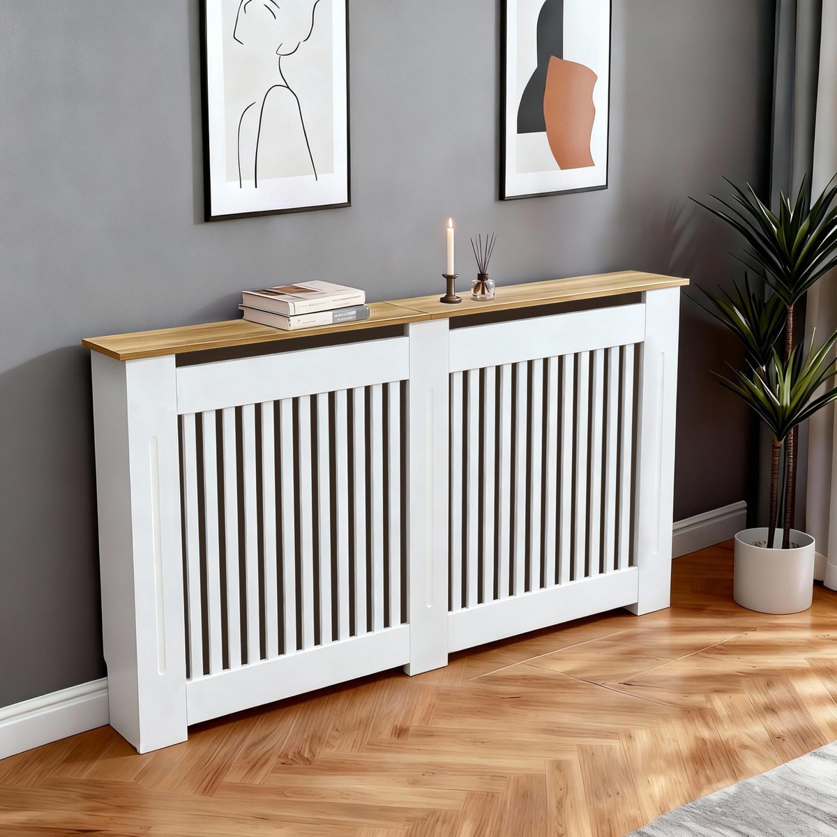 Elzusha - Moderne Witte Radiator Cover Verticale Lamellen 152 cm