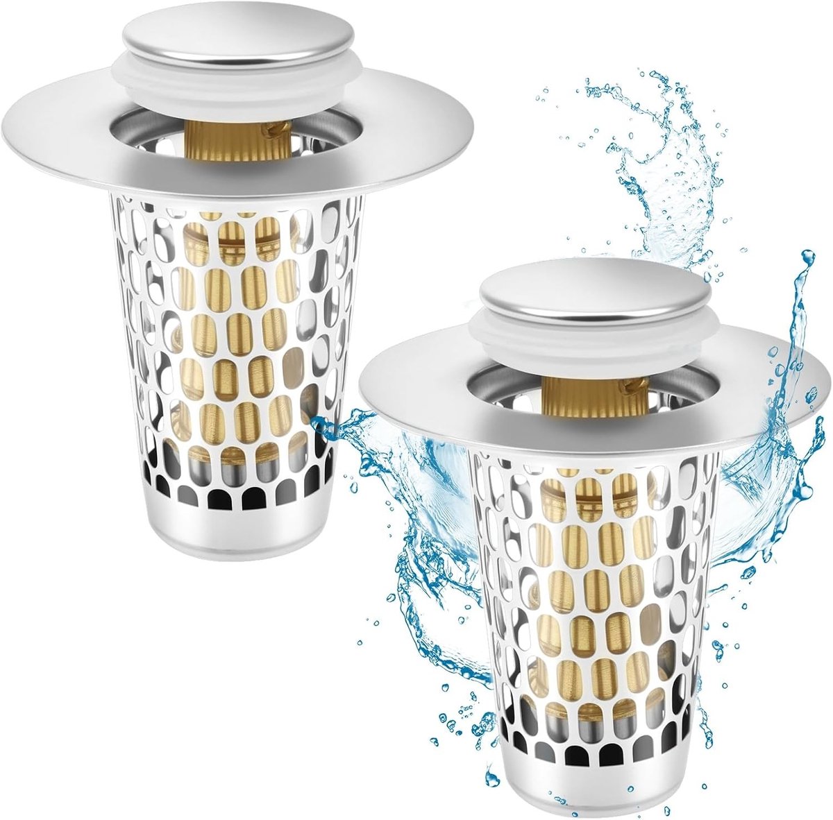 Set van 2 Pop-Up Afvoerzeef voor Wasbakken, RVS, Afvoerstopper, Haarvanger voor Afvoeropeningen van 2.8 cm tot 3.8 cm, Keukenaccessoires, Badkamerbenodigdheden