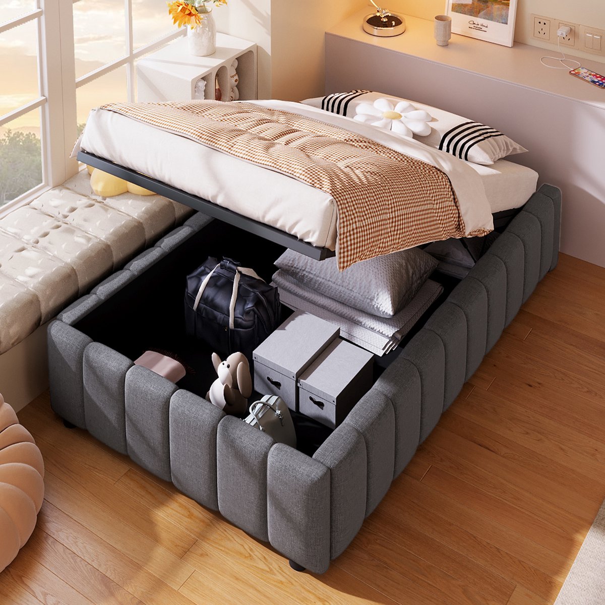 Gestoffeerd opbergbed 90x200 cm - Met hydraulisch liftsysteem en zonder hoofdbord - Grijs - Linnen bekleding en stevig MDF-frame - Geschikt voor minimalistische en Scandinavische interieurs
