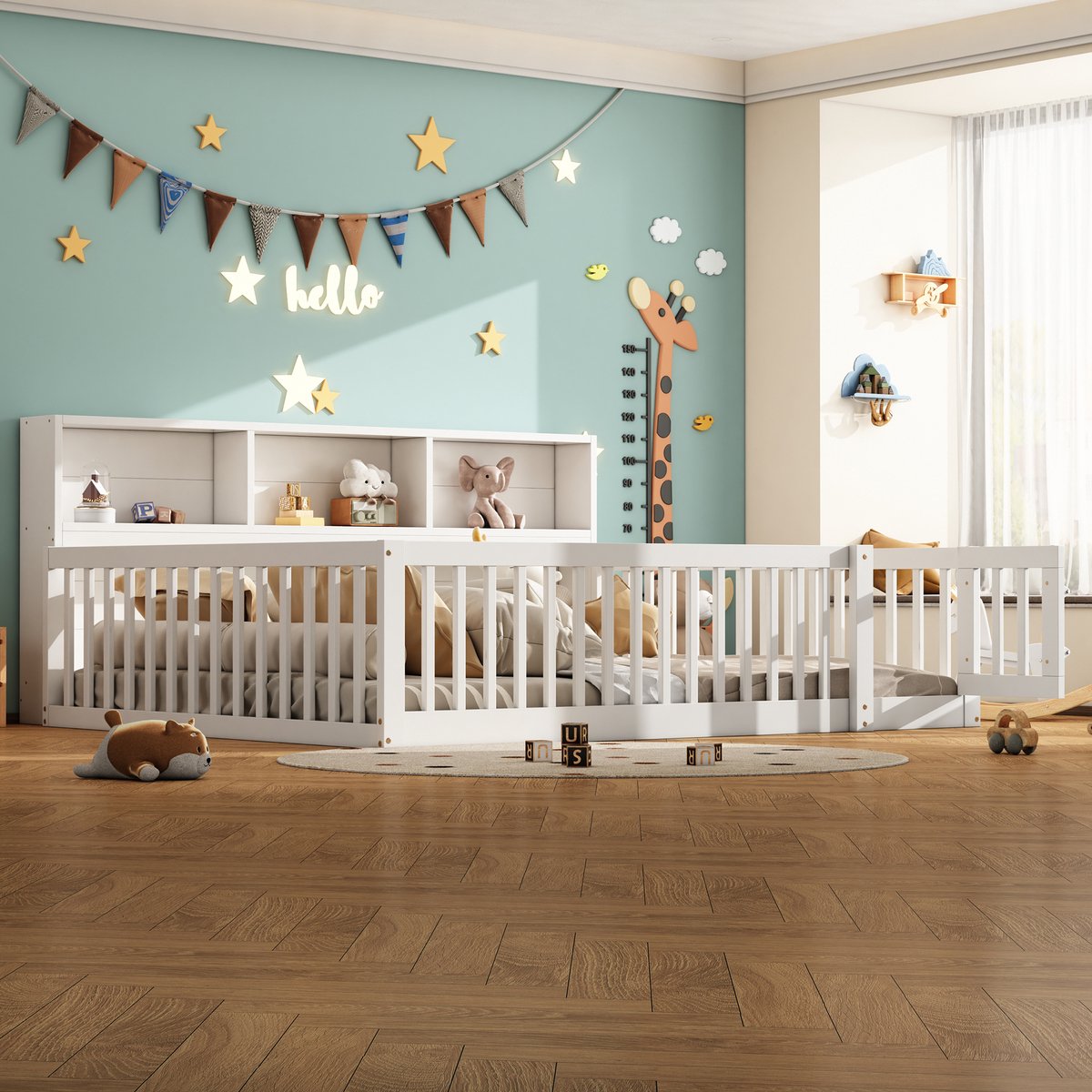 Dagbed 140x200 cm - Slaapbank met opbergvakken en afsluitbare veiligheidsreling - Wit - Stevig grenenhouten frame - Inclusief lattenbodem - Geschikt als kinder- of tienerbed