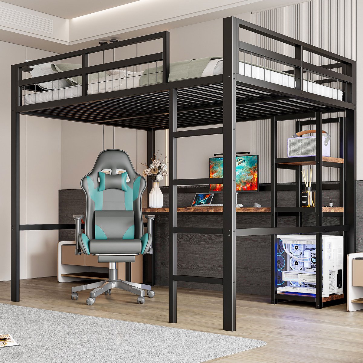 Metalen hoogslaper 140x200 cm - Met bureau, stopcontact en USB Type-C - Zwart - Uitgerust met meerdere legplanken, een stevige trap en een hoge veiligheidsreling