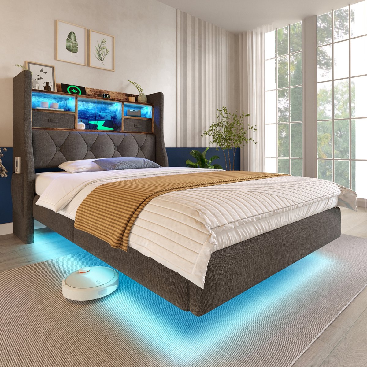 Gestoffeerd zwevend bed 90x200 cm met LED en laadstation - Grijs - Opbergvakken in hoofdeinde, inclusief lattenbodem - Ademende linnen bekleding