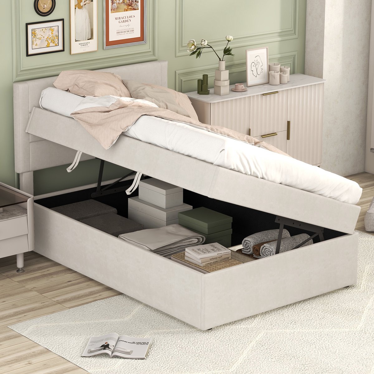 Gestoffeerd opbergbed 90x200 cm - Beige - Extra ruime opbergruimte onder het bed - Stevig metalen frame met lattenbodem - Ademende linnen bekleding - Stabiele constructie tot 113 kg