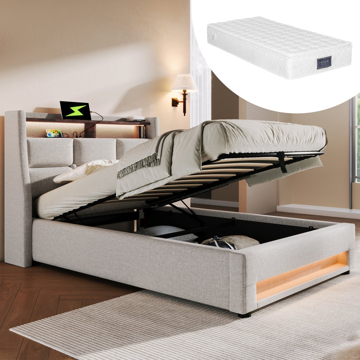 Gestoffeerd bed met matras, LED en USB - 90x200 cm eenpersoons - Lichtbeige - 7-zones pocketveringmatras H3 - Opbergruimte met gasveer - Inclusief lattenbodem