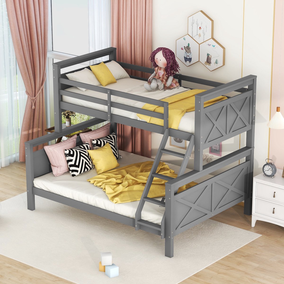 Stapelbed ombouwbaar tot twee losse bedden - flexibel voor kinderkamer - 90x200 cm boven en 140x200 cm onder - grijs - schuine ladder en valbeveiliging - massief grenen en MDF frame