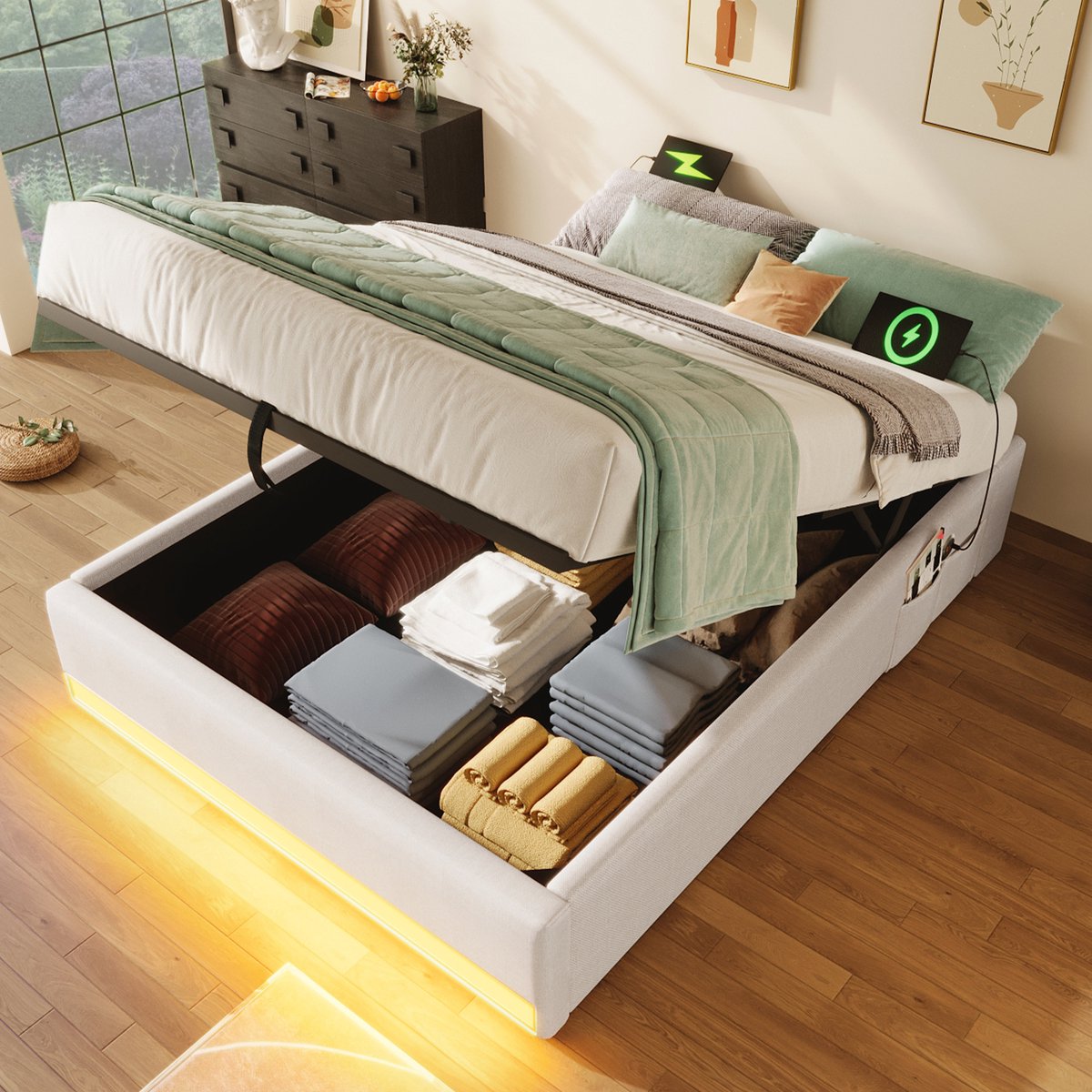 Gestoffeerd bed 90x200 cm - hydraulische opbergruimte, LED en USB/Type-C - eenpersoons - beige - zonder hoofdbord - zijvakken