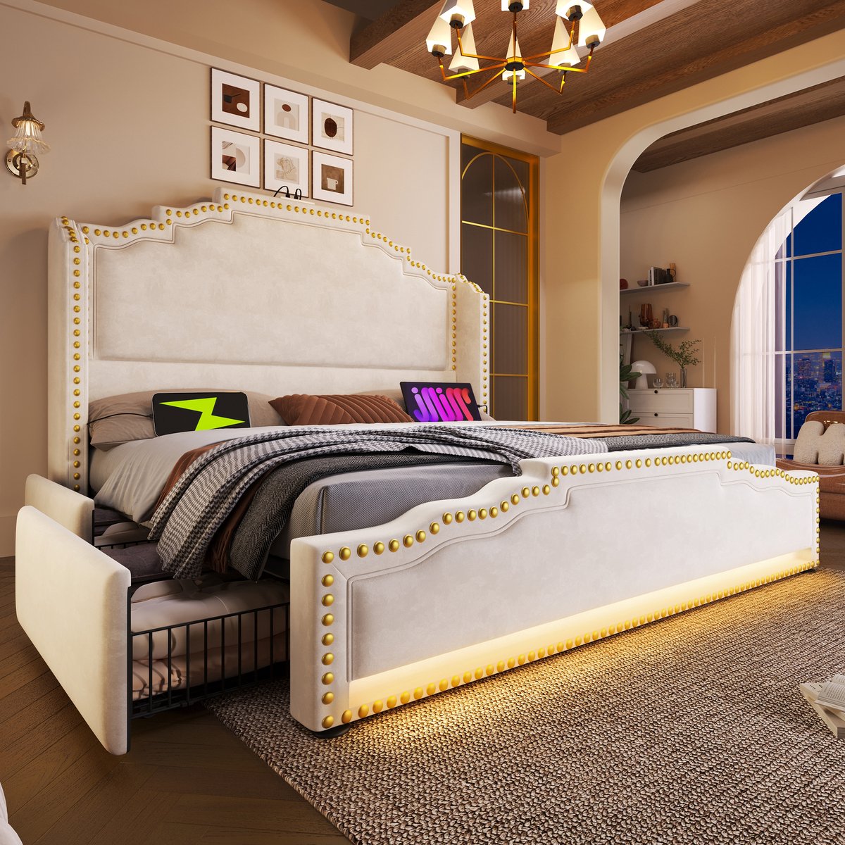 Gestoffeerd bed 140x200 cm - tweepersoons met 4 opberglades, LED en USB-C - beige fluweel - vintage design met klinknagels en 60000 LED-kleuren - lattenbodem inbegrepen