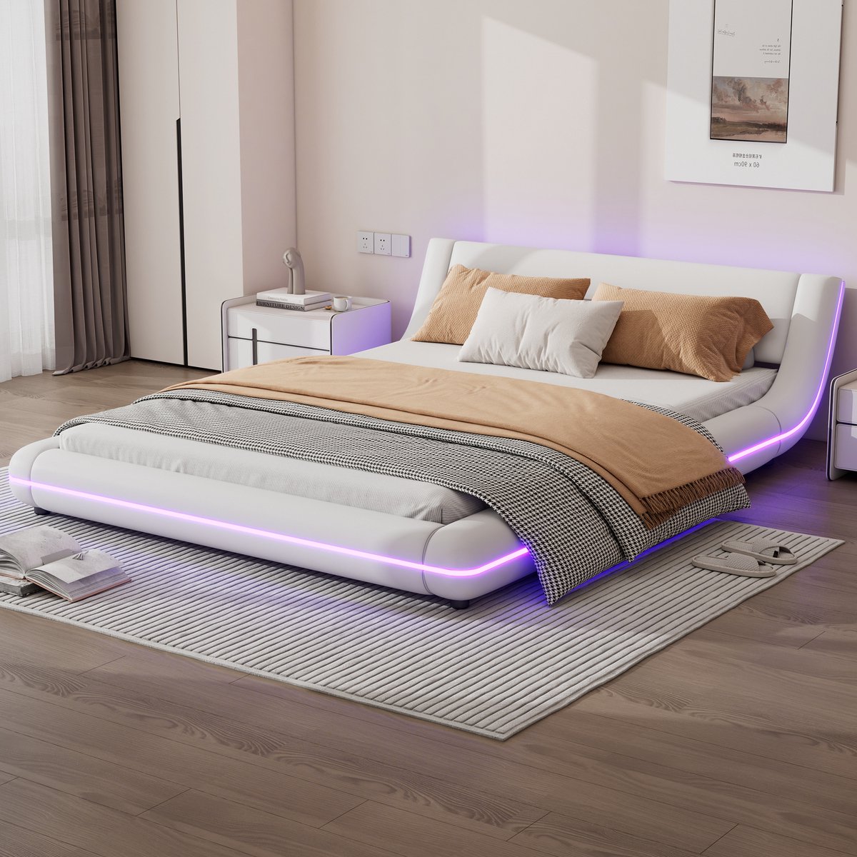 Vloerbed 140x200 cm - met app-gestuurde LED-sfeerverlichting - tweepersoons - wit PU-leder - minimalistisch laag platform - stevig en eenvoudig te reinigen