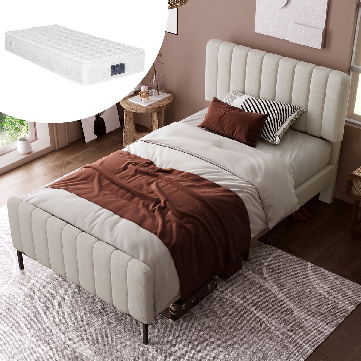 Gestoffeerd bed met matras en verstelbaar hoofdbord - 90x200 cm eenpersoons - Grijs-beige linnen - Inclusief 7-zones pocketveringmatras H3 (406 veren) - In hoogte verstelbaar hoofdbord ±6 cm