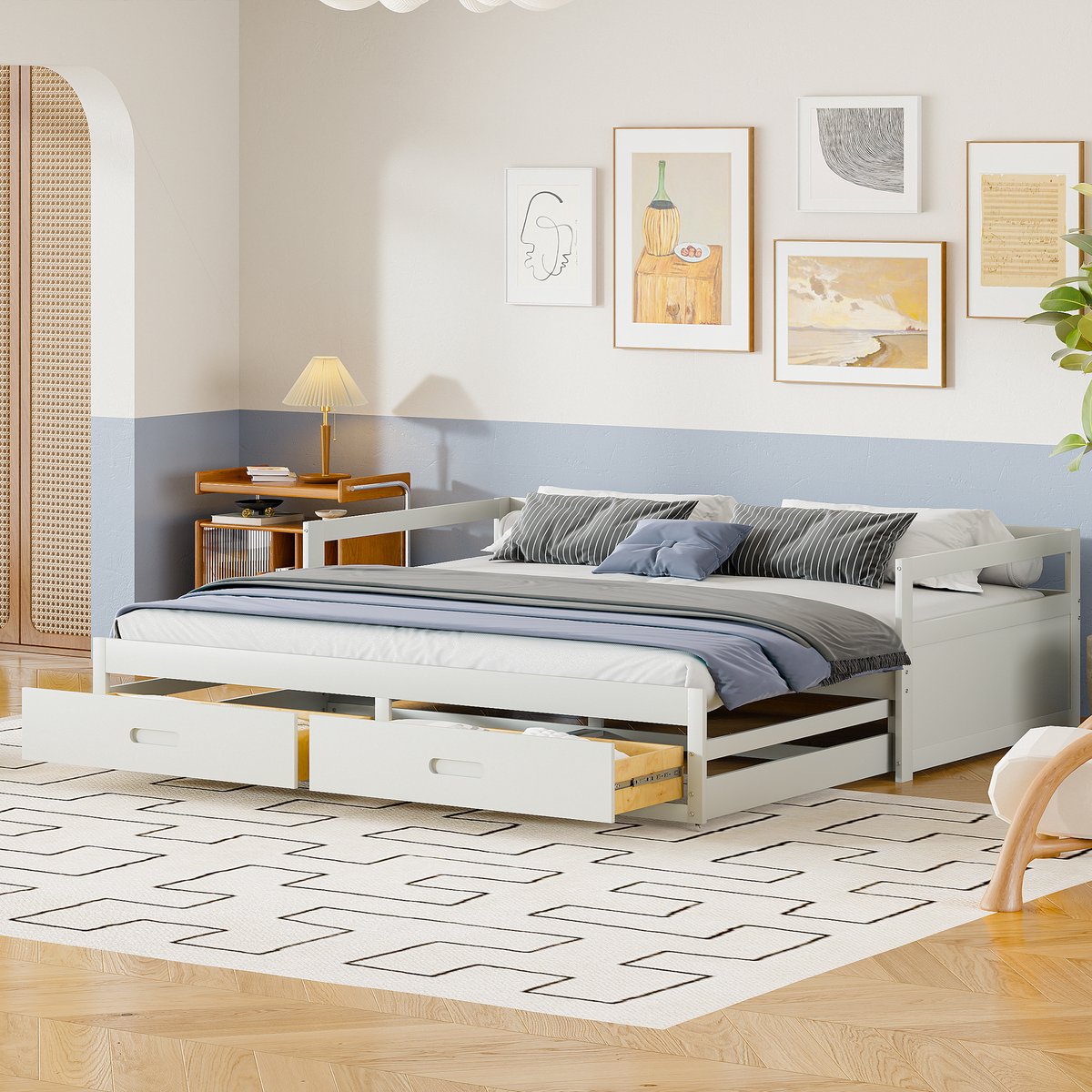 Grenen slaapsofa met opberglades - Uitschuifbaar van een- naar tweepersoonsbed - 90/180x200 cm - Wit - Inclusief 2 lattenbodems - Stevig grenenhout - Maximale ruimtebenutting