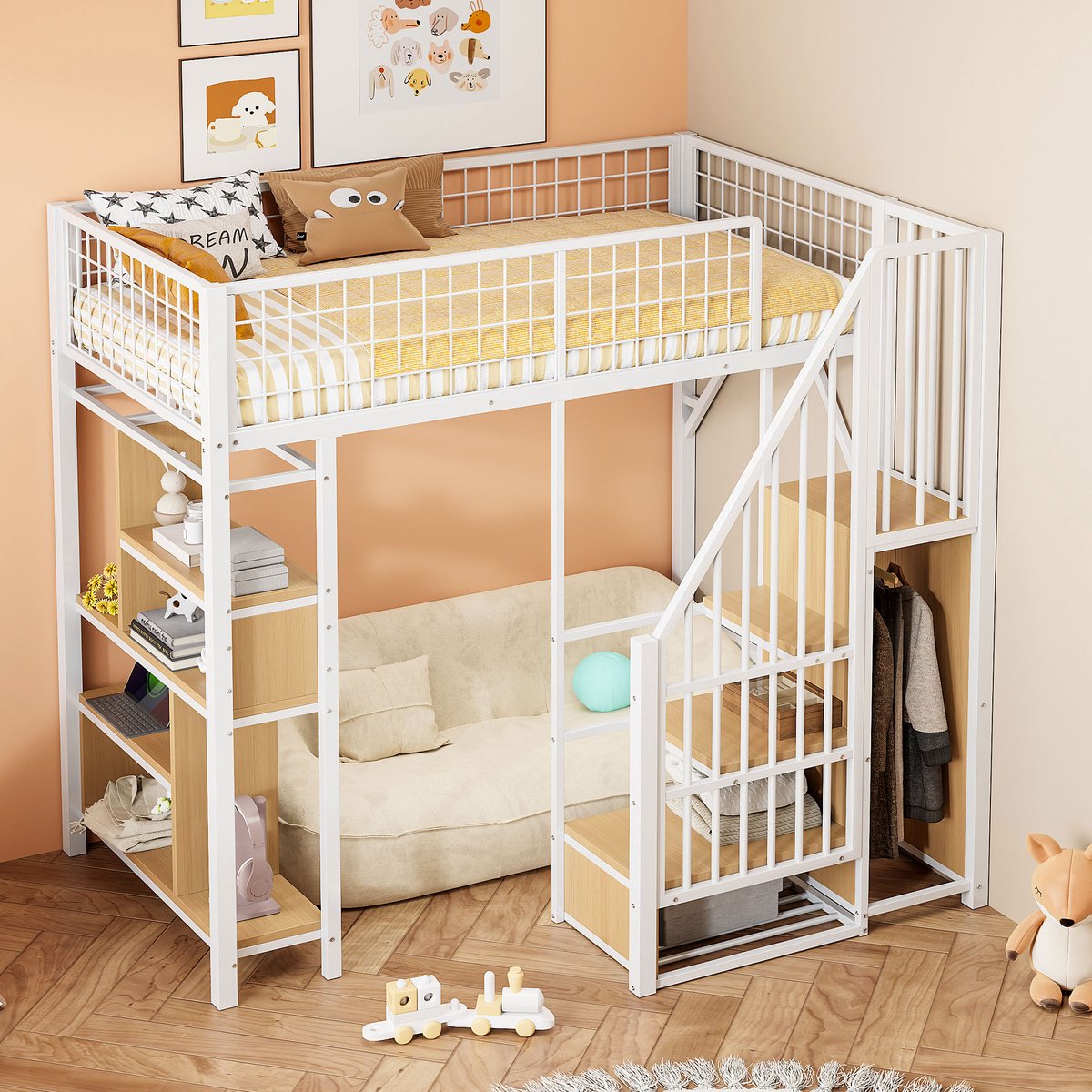 Hoogslaper met opbergtrap en kast - 90x200 cm eenpersoons - Wit - Opbergtrap met lades - Ingebouwde opbergkast - Open ruimte onder bed vrij in te richten - Geschikt voor volwassenen en kinderen