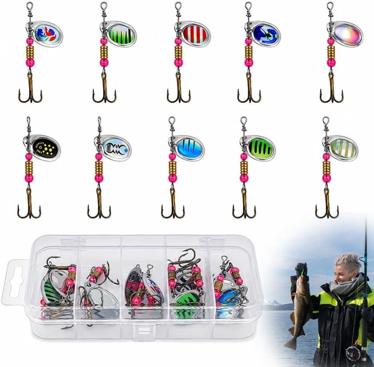 Rotating Spoon Lures Set voor Snoek, Baars en Forel - 10 Stuks Vissen Aas met Opbergdoos