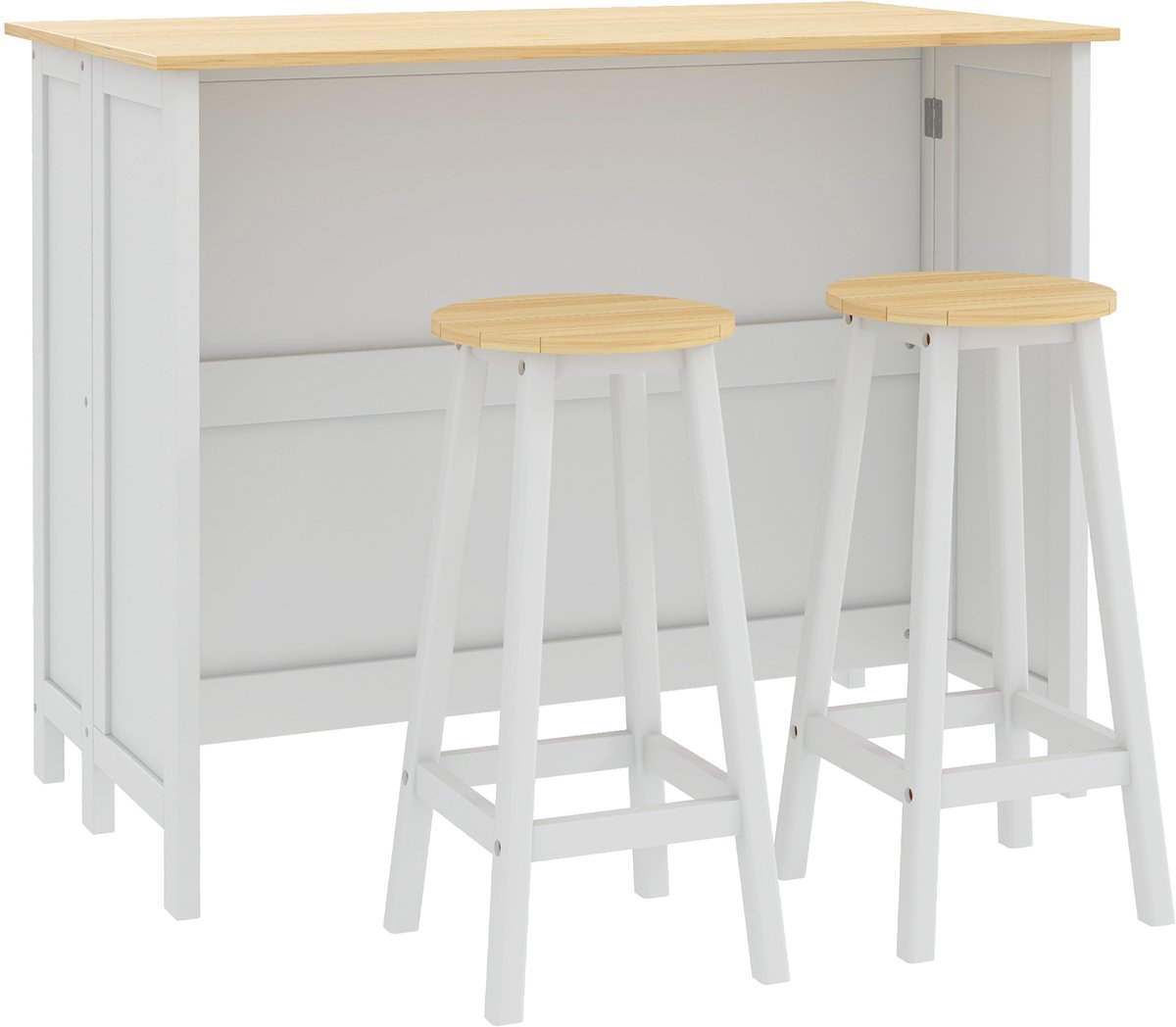 Centraal Keukeneiland, Bartafel met 2 Krukken, Set Tafel en Barkruk, met 2 Kasten, Opbergruimte en Inklapbaar Werkblad, 4 Deuren, Modern Design, Wit