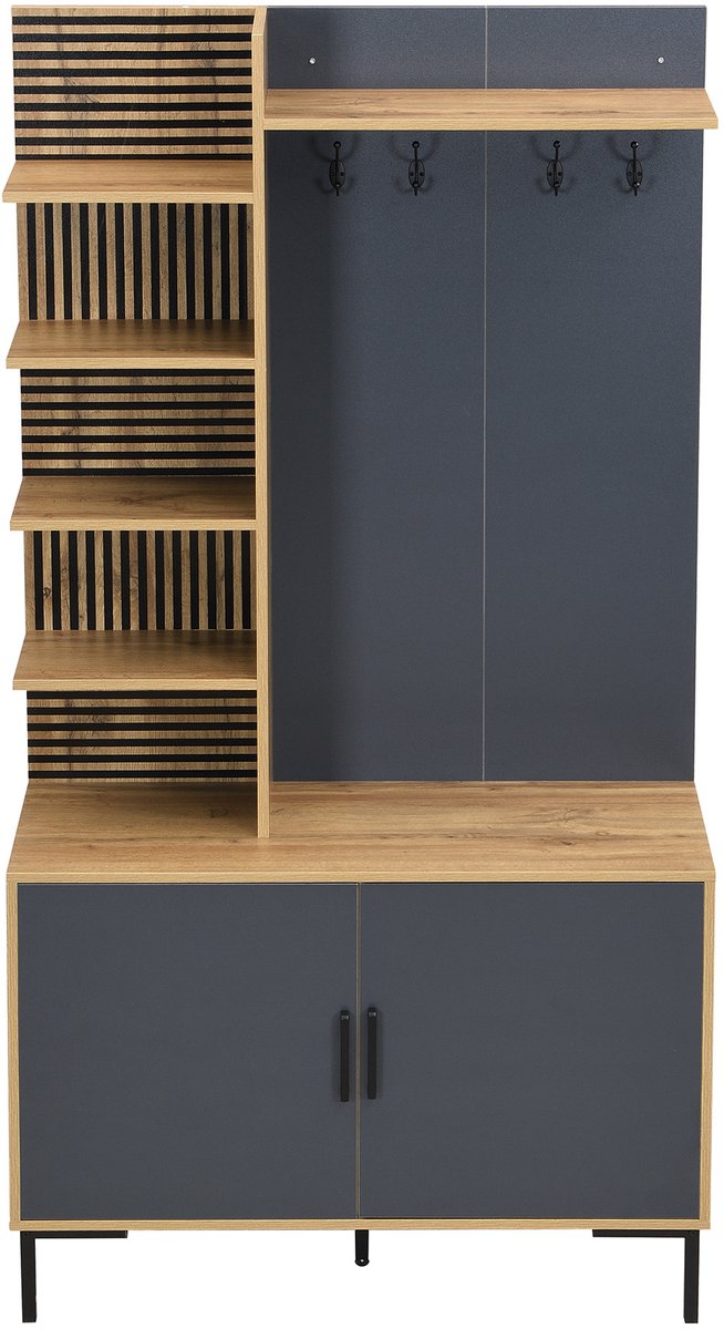 Wishdor Halmeubel - Open garderobe met vakken - Haken en verstelbare plank - Industrieel - Hal entree schoenen tassen - Bewerkt hout - Naturel zwart - 100 x 40 x 190,5 cm
