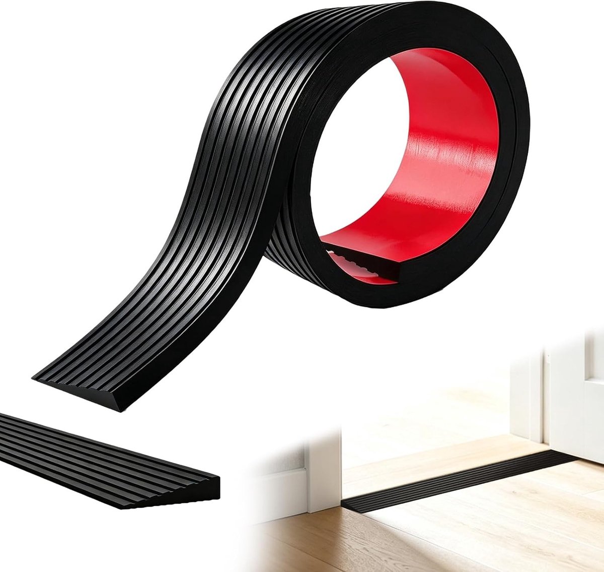 Zelfklevende drempelhelling van rubber voor vloeren, ideaal voor robotstofzuigers, rolstoelen en kinderwagens, draagkracht 500 kg, zwart, 90 x 5 x 1 cm