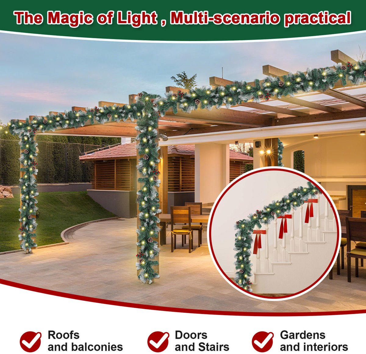 Kunstmatige kerstguirlande, 2.7 m, 50 warmwitte LED-verlichting, met kerstballen, sneeuwvlokken en strikken, USB-voeding, op batterijen - voor binn... – foto 5