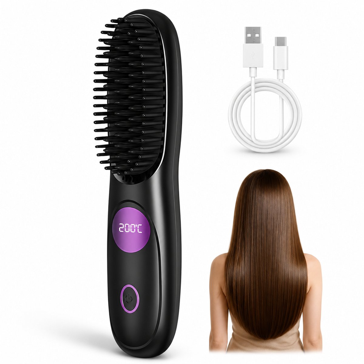 Bobypet - Stijlkam - Stijlkam electrisch - 3 Warmtestanden - USB Oplaadbare Stijlborstel - Draagbaar Design - Elektrische Haarborstel en 2-in-1 Haarstyling Borstel - voor Kort Haar en Reizen - Zwart