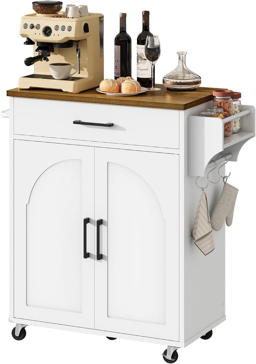 Mobiele Keuken Trolley met Werkblad en Wielen, Serveerwagen met Lade, Haken en Specerijenrek, Verstelbare Planken voor Keuken en Eetkamer in Wit en Walnoot