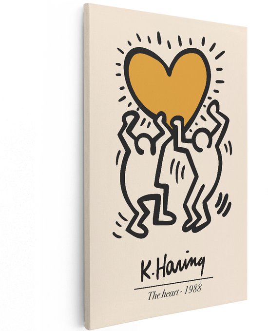 Gros plan du tableau de Keith Haring 'Le cœur - 1988' avec un cœur orange et des personnages dansants.