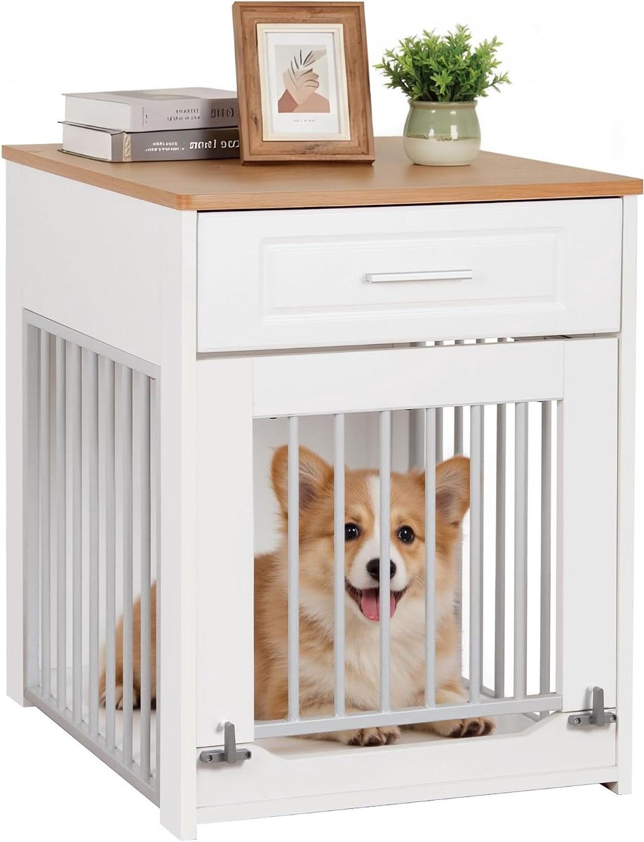 Huisdieren Meubel - Hondenmand Bijzettafel - Veilige Rustplek - Inklapbare Deur - Voor Kleine Honden - Wit