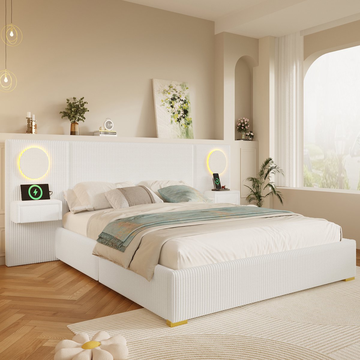 Kinderbed, 180x200 cm fluweel stof gestoffeerd bed met LED-hoofdeinde, USB-poorten & nachttisch laden, beige