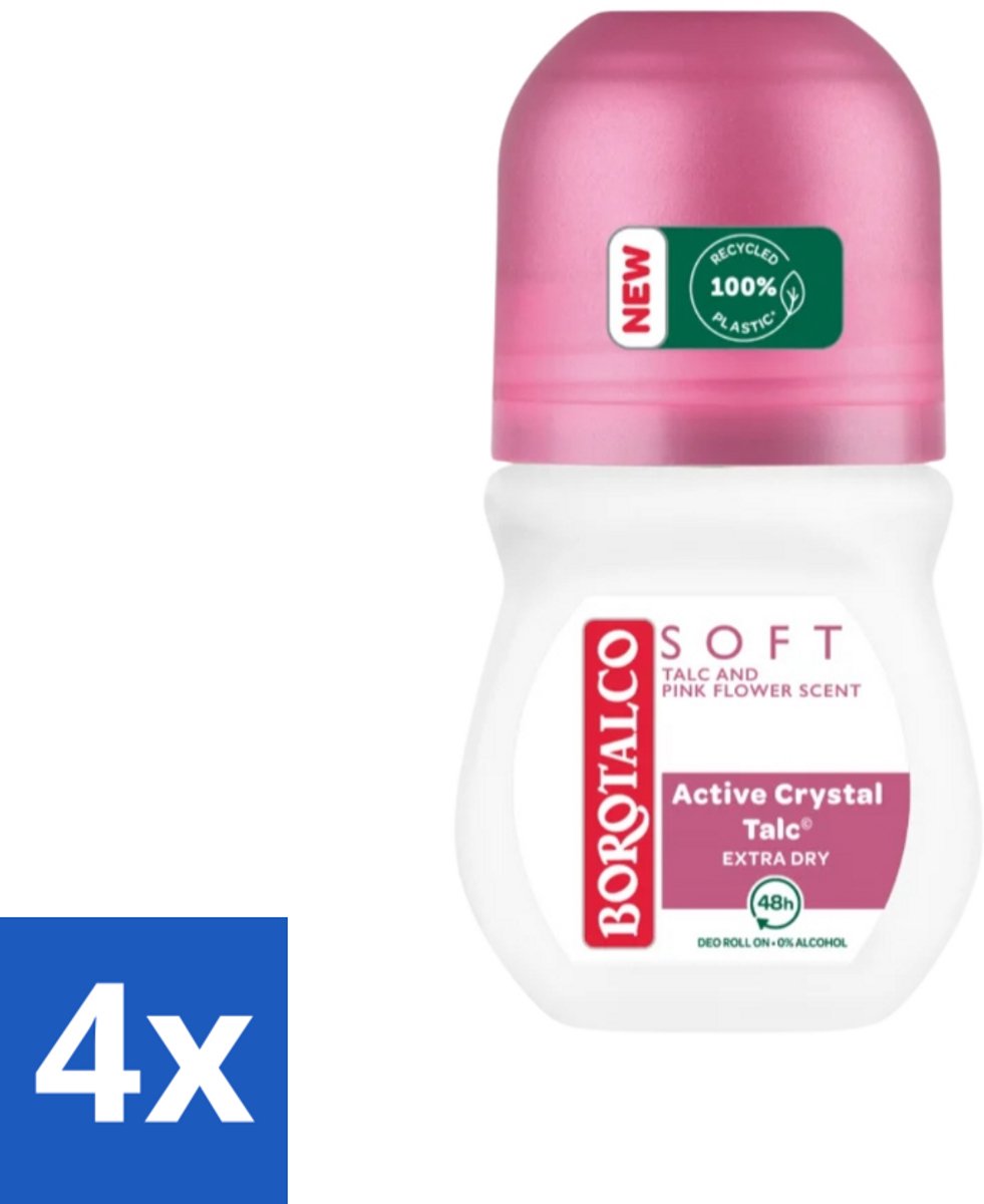 4 x Borotalco - Deodorant Roller - Soft - Talc & Pink Flower - 0% Alcohol - 50 ml - Borotalco Deodorant - Deodorant Roller - Antitranspirant - Talc Deodorant - Rozengeur