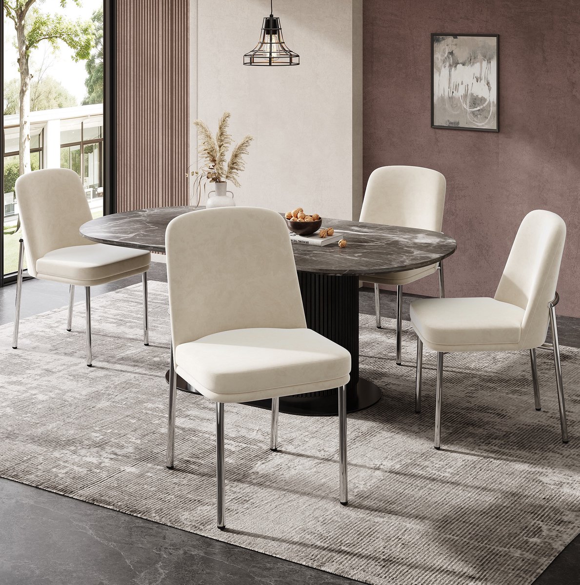 Wishdor Eetkamerstoel - 4 stuks - Gewatteerde zitting - Zonder armleuningen - Moderne minimalistische stijl - Metaal en velvet - Beige - 42,5 x 53 x 82 cm