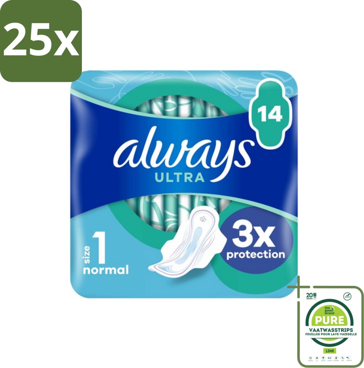 25 x Always – Maandverband – Ultra Normal Plus – 14 Maandverbanden - Grootverpakking - Maandverband Met Vleugels - Normale Menstruatie - Altijd Ultra Normal Plus - Ultradun Maandverband - Comfort Maandverband