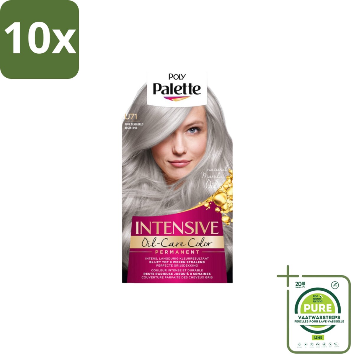 10 x Poly Palette – Haarverf – U71 Puur Zilvergrijs – 115 ml - Grootverpakking - Grijs Haar Kleuren - Zilvergrijs Haar - Intens Grijs - Zilverreflectie - Haarkleuring