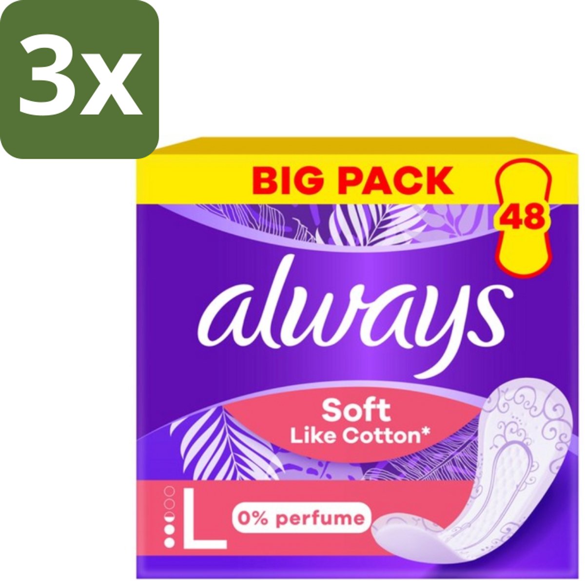 3 x Always – Inlegkruisjes – Soft Like Cotton Long 0% Parfum – 48 Inlegkruisjes - Inlegkruisjes - Always Soft Like Cotton - 0% Parfum - Katoenzacht - Vrouwelijke Hygiëne