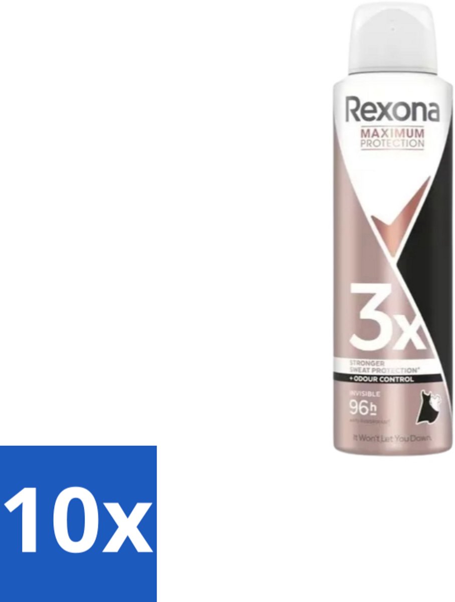 10 x Rexona – Deodorant Spray – Maximum Protection Invisible – 150 ml - Deodorant Spray - Zweetvermindering - Frisse Geur - Witte Strepen Voorkomen - Donkere Kleding Beschermen