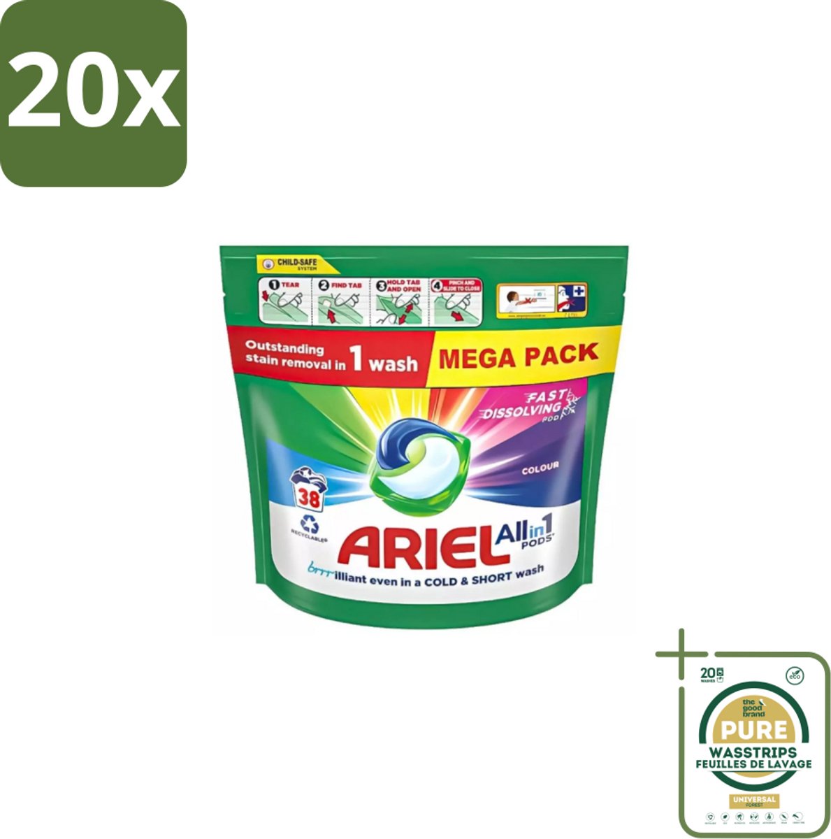 20 x Ariel – Pods All-in-1 – Color – 38 wasbeurten - Grootverpakking - Kleurbehoud Wasmiddel - Gekleurde Was - Ariel Pods Color - Wasmiddel Voor Gekleurde Kleding - Kleurvervaging Voorkomen
