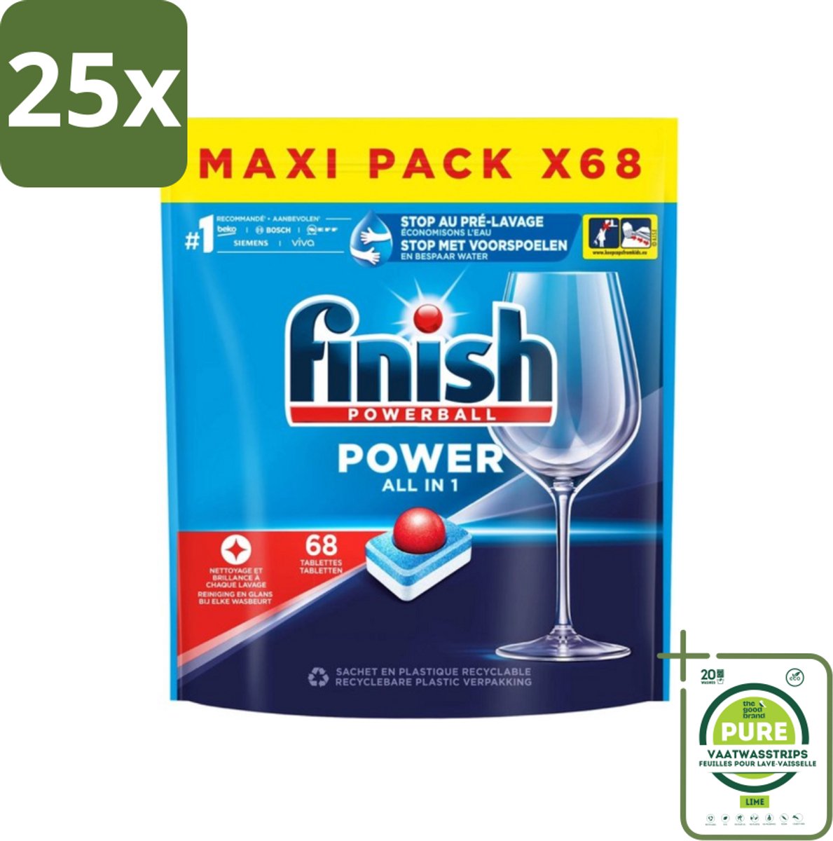 25 x Finish Powerball - Power All in 1 - Vaatwastabletten - Reiniging & Glans - 68 Tabletten - Grootverpakking - Vaatwastabletten - Vaatwasser - Diepe Reiniging - Glanzend Resultaat - Alles-in-één