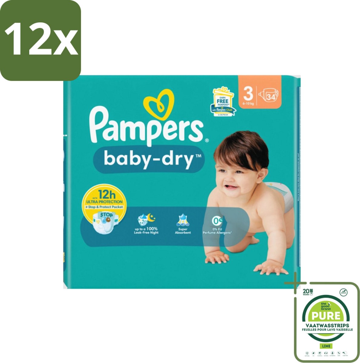 Pampers – Luiers – Baby-Dry Maat 3 (6-10 kg) – 34 Luiers - Voordeelverpakking - 12 stuks - Babyluier - Babydouche
