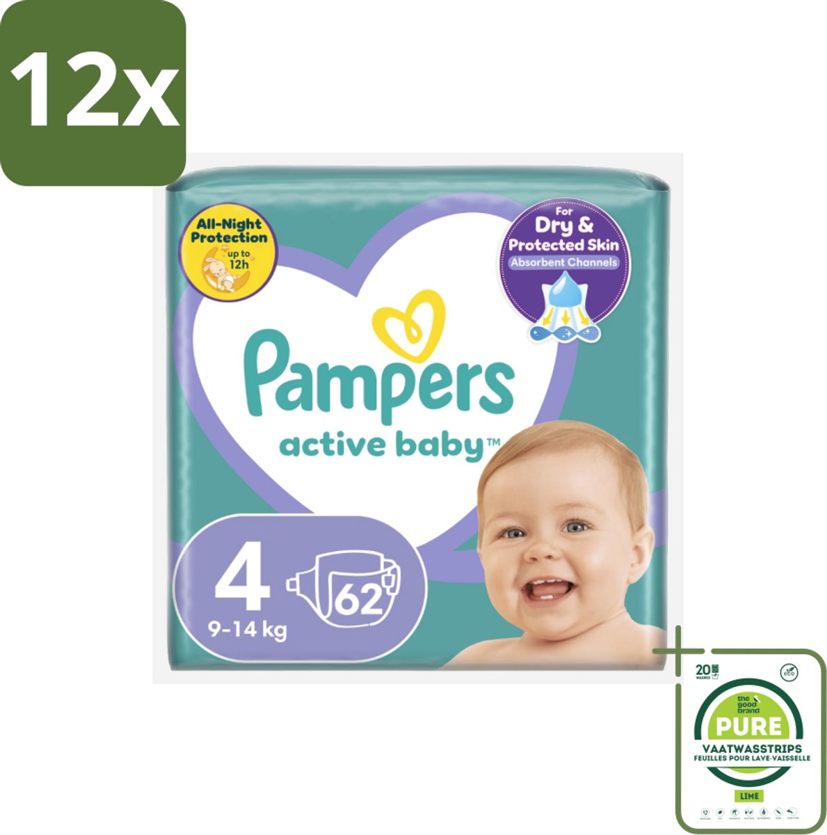 Pampers – Luiers – Active Baby Maat 4 (9-14 kg) – 62 Luiers - Voordeelverpakking - 12 stuks - Luiers voor baby - Droge luiers