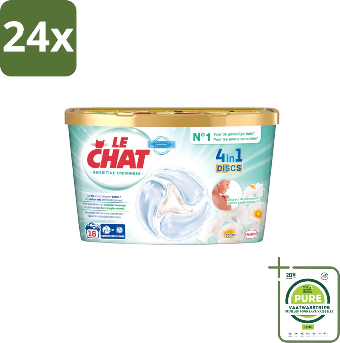 Le Chat – Wascapsules – Sensitive Zachte Lentebloesem – 16 wasbeurten - Voordeelverpakking - 24 stuks - Wascapsules - Gevoelige huid