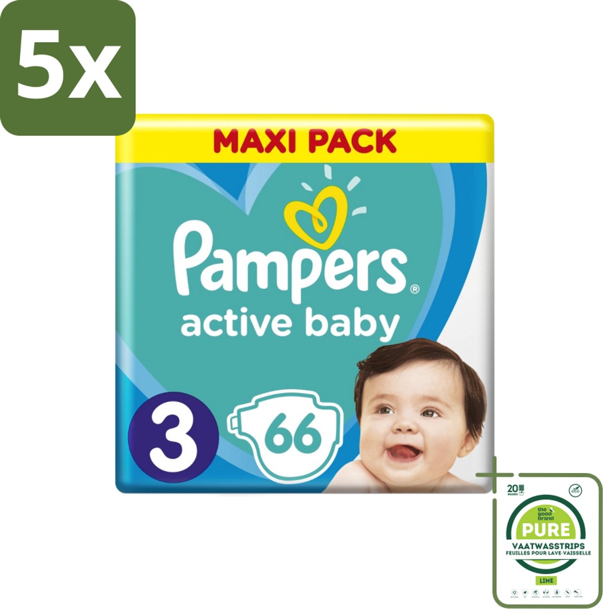 5 x Pampers – Luiers – Active Baby Dry Maat 3 – 66 Luiers - Grootverpakking - Baby Luier - Droge Luier - Vochtabsorptie - Baby Droogheid - Superabsorberende Kern