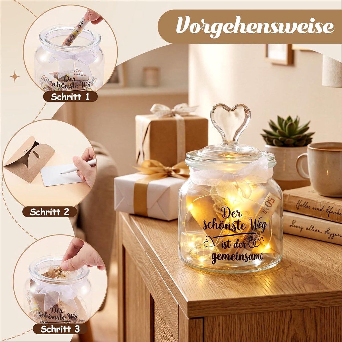 Unieke trouwcadeaus voor pasgetrouwden met LED-fleslamp, gedroogde bloemen en wenskaarten