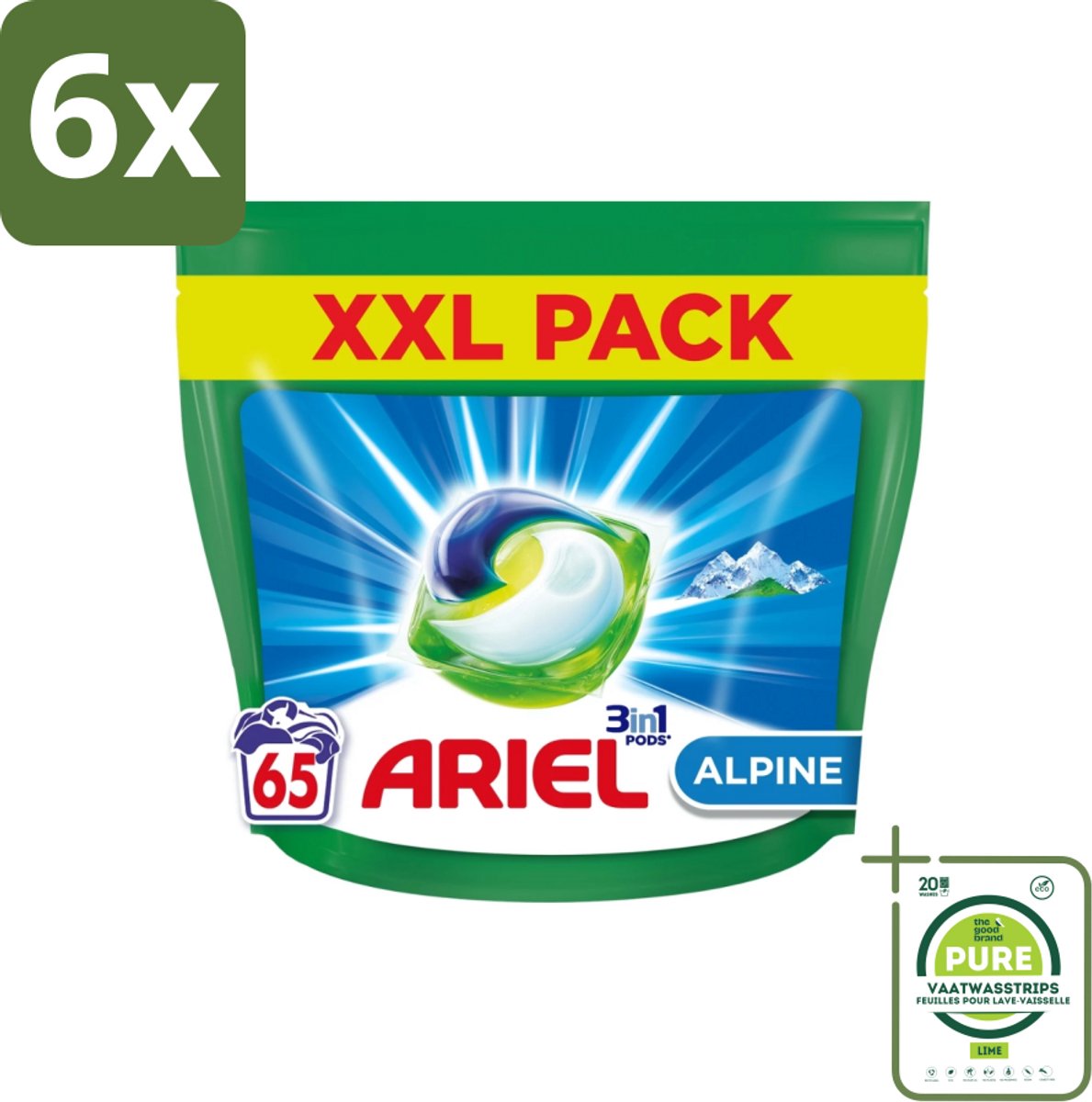 Ariel – Pods 3in1 – Alpine – 1319 g – 65 wasbeurten - Voordeelverpakking - 6 stuks - Ariel Pods 3in1 Alpine - Wasmiddel pods