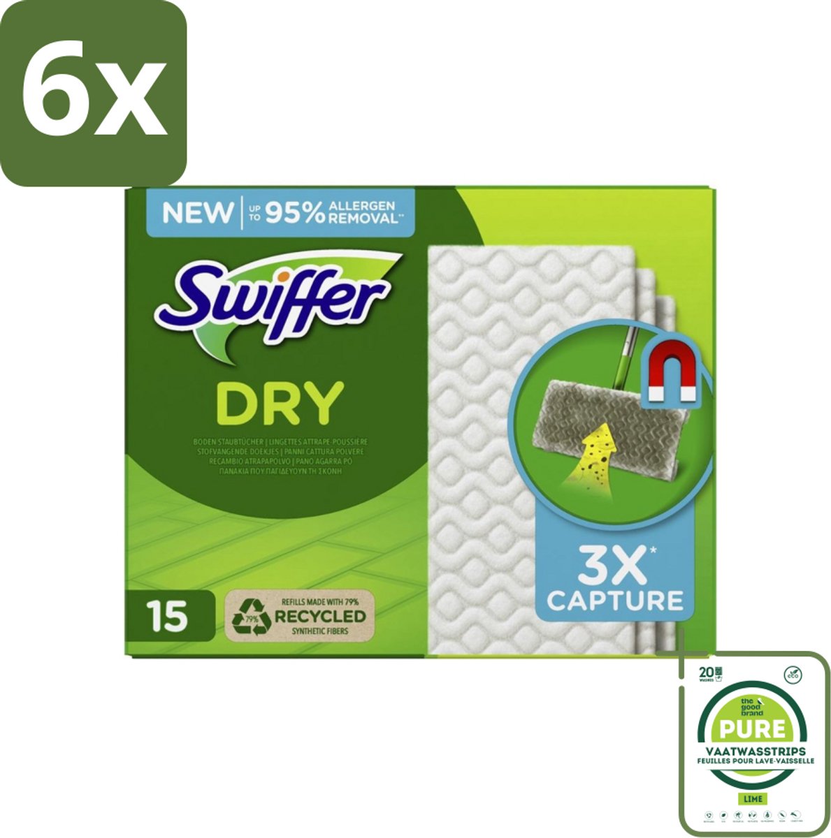 Swiffer Dry - Vloerdoekjes - Navulling - Gerecyclede Fibers - 15 Doekjes - Voordeelverpakking - 6 stuks - Stofzuiger - Stofdoekjes