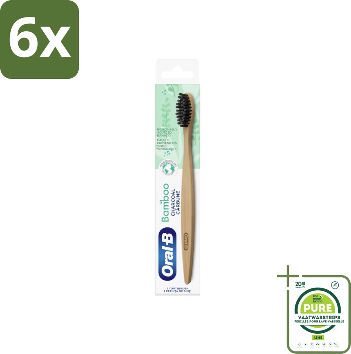 Oral-B - Tandenborstel - Bamboe - Houtskool - 1 Tandenborstel - Voordeelverpakking - 6 stuks - Tandenborstel bamboe - Tandenborstel houtskool