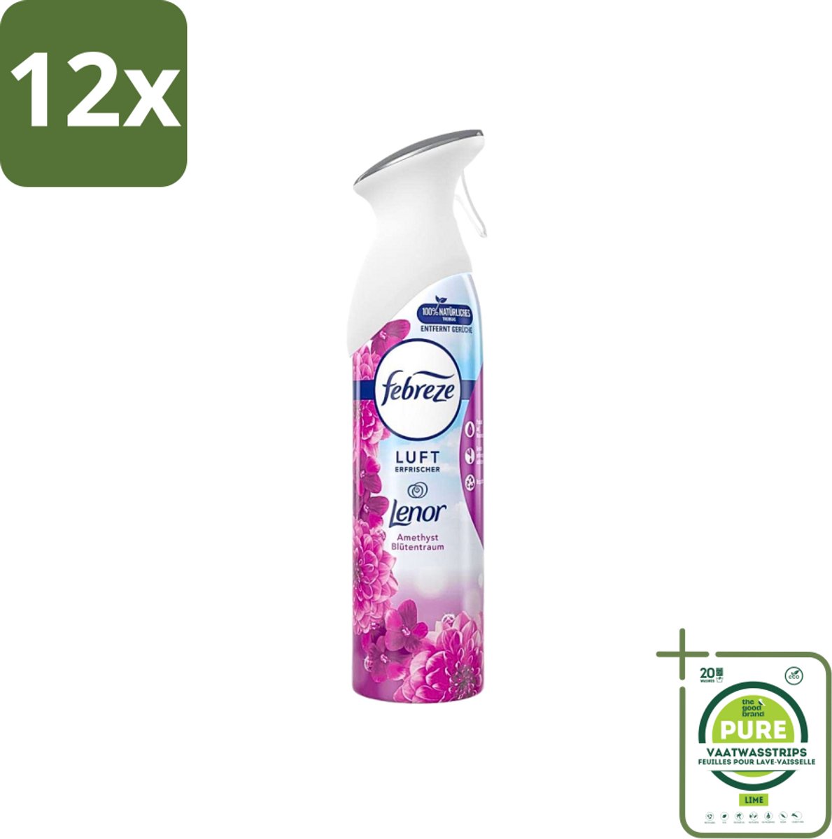 Febreze Amethist Luchtverfrisser Spray - Frisse Bloemen Geur - 300ml - Voordeelverpakking - 12 stuks - Luchtverfrisser - Geurverwijderaar