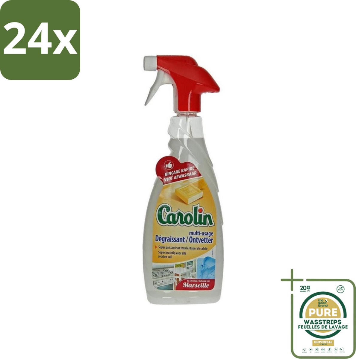 Carolin - Keukenreiniger - Ontvetter - 650 ml - Voordeelverpakking - 24 stuks - Marseillezeep - Vetvlekken verwijderen
