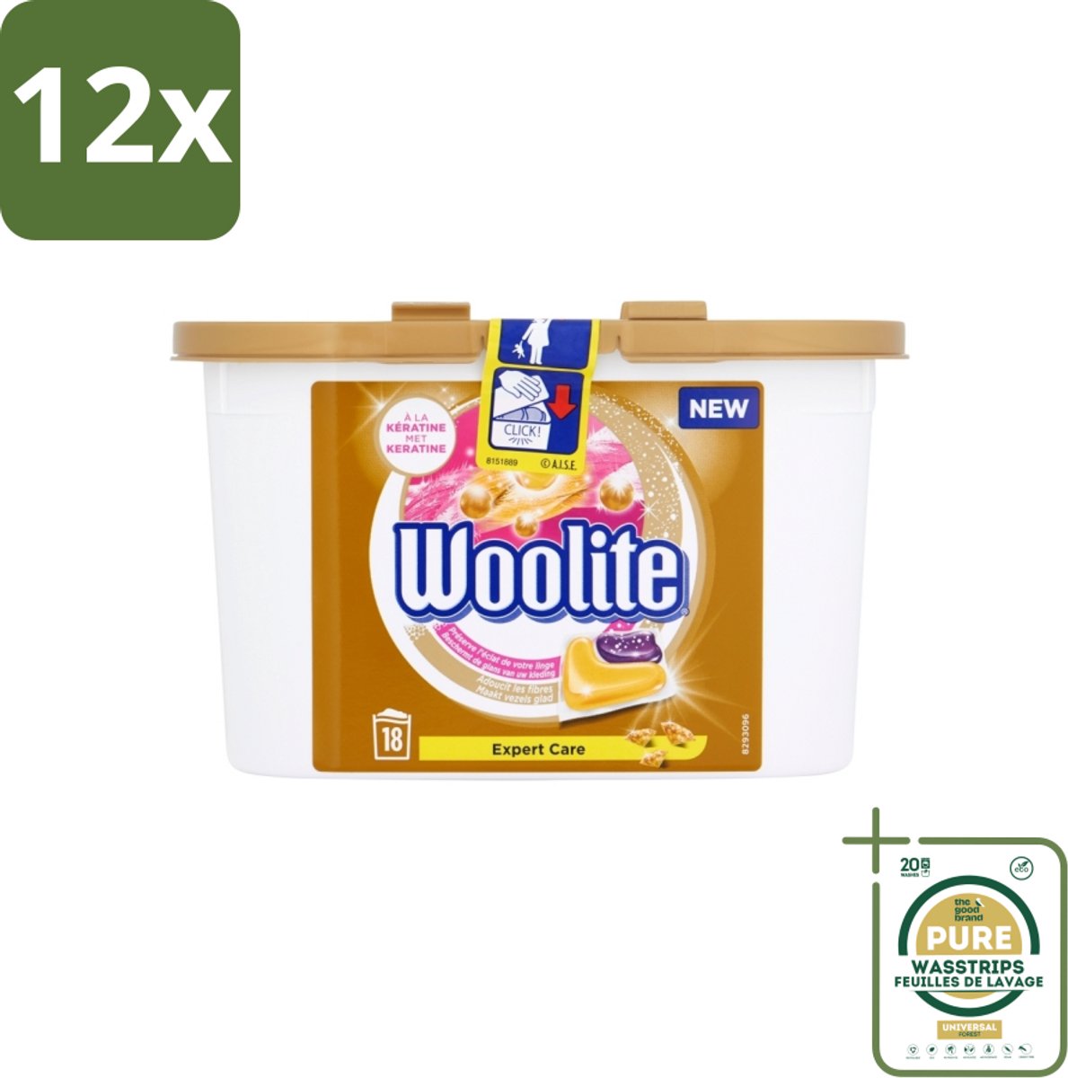 Woolite Expert Care - Wasmiddelcapsules - Met Keratine - Delicate Was - 18 Wasbeurten - Voordeelverpakking - 12 stuks - Wasmiddel wol - Wasmiddel zijde