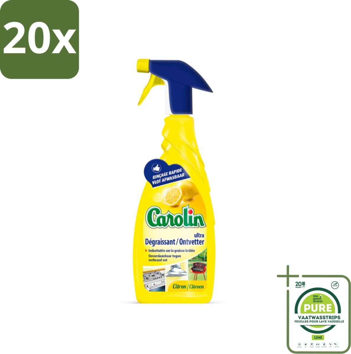 20 x Carolin - Keukenreiniger - Spray Ultra Ontvetter Citroen - 650 ml - Grootverpakking - Keukenreiniger - Ontvetter - Citroen - Vetvlekken - Keukenspullen