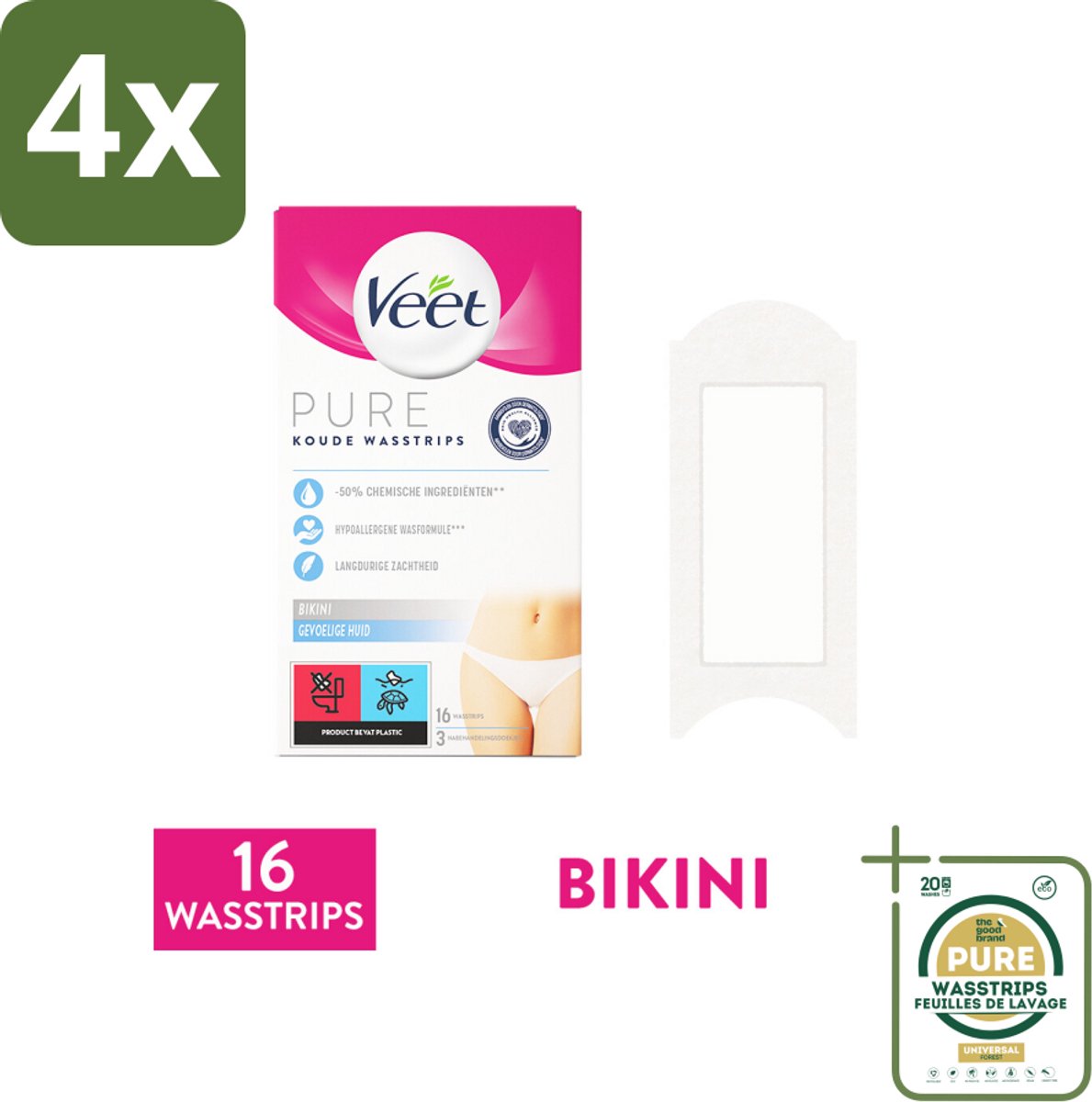 Veet Ontharingsstrips Bikinilijn Pure Gevoelige Huid 16 stuks per verpakking - Voordeelverpakking - 4 stuks - Gevoelige huid - Ontharingsstrips bikinilijn