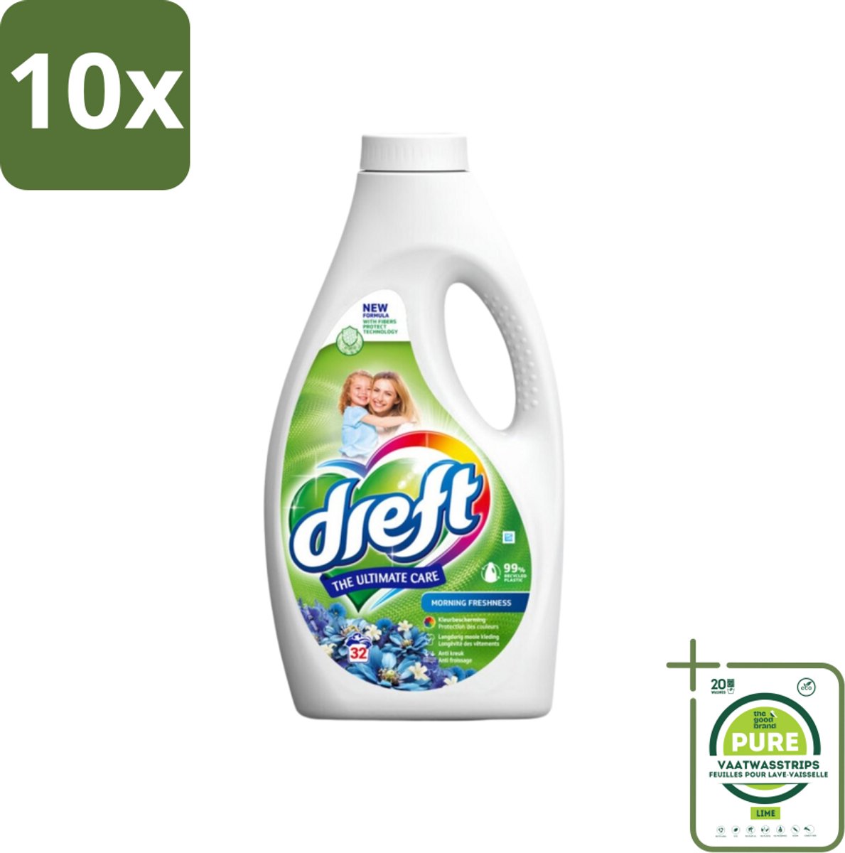 10 x Dreft Vloeibaar Wasmiddel Ochtendfris 32 Wasbeurten 1,4 liter - Grootverpakking - Wasmiddel - Gekleurde Was - Wasverzachter - Frisse Geur - Kleurbescherming