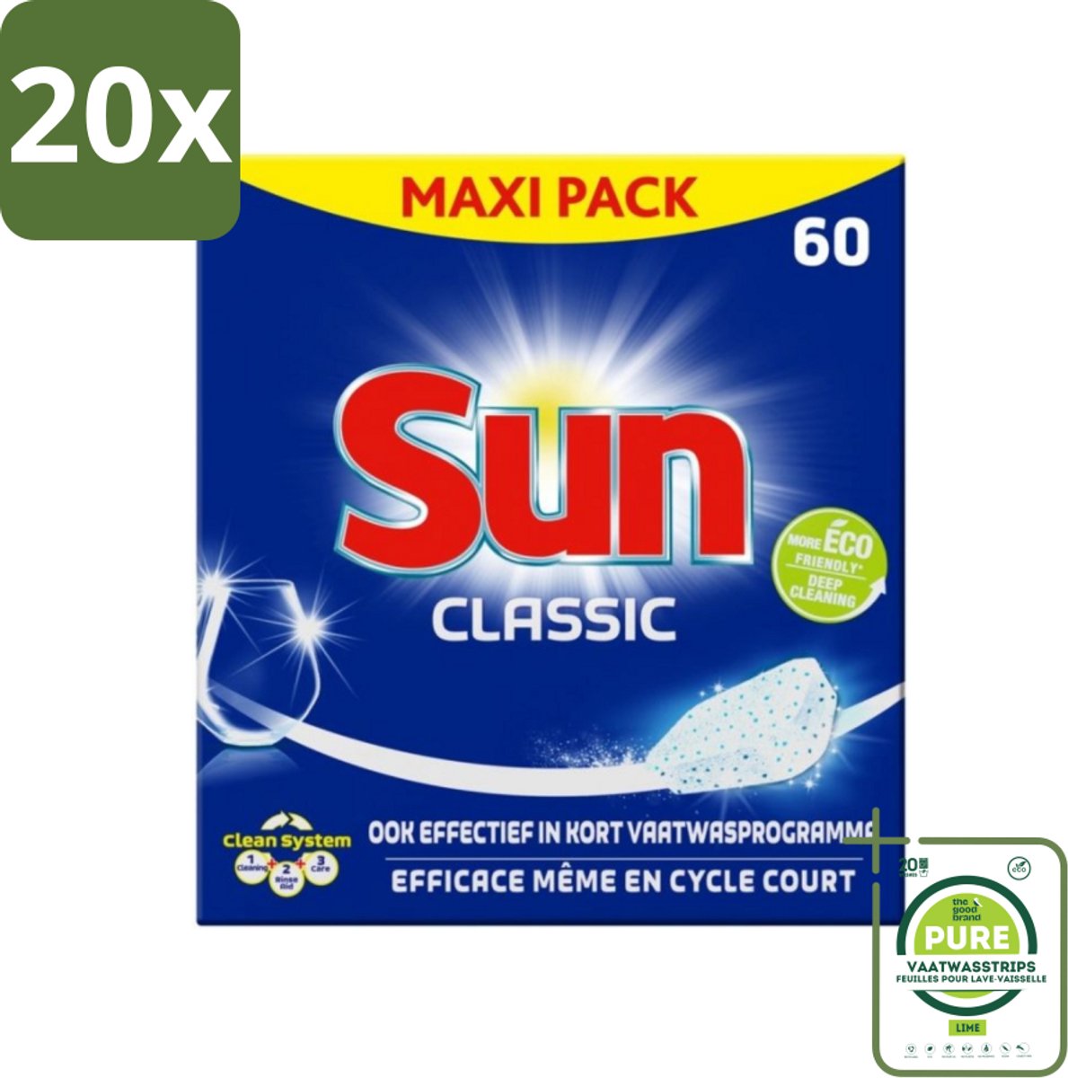 20 x Sun Classic - Vaatwastabletten - Eco - Voordeelverpakking - 60 Tabletten - Grootverpakking - Vaatwastabletten - Vaatwasser - Vaatreiniger - Eco-vriendelijk - Vaatwasmiddel