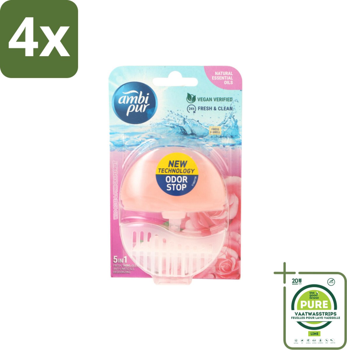 Ambi Pur Toiletblok Starterkit 5in1 Wild Rose & Pink Grapefruit - Voordeelverpakking - 4 stuks - Toiletblok - Toilet reiniging